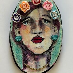Handcrafted Artistic Portrait  Brooch with Floral Accents
